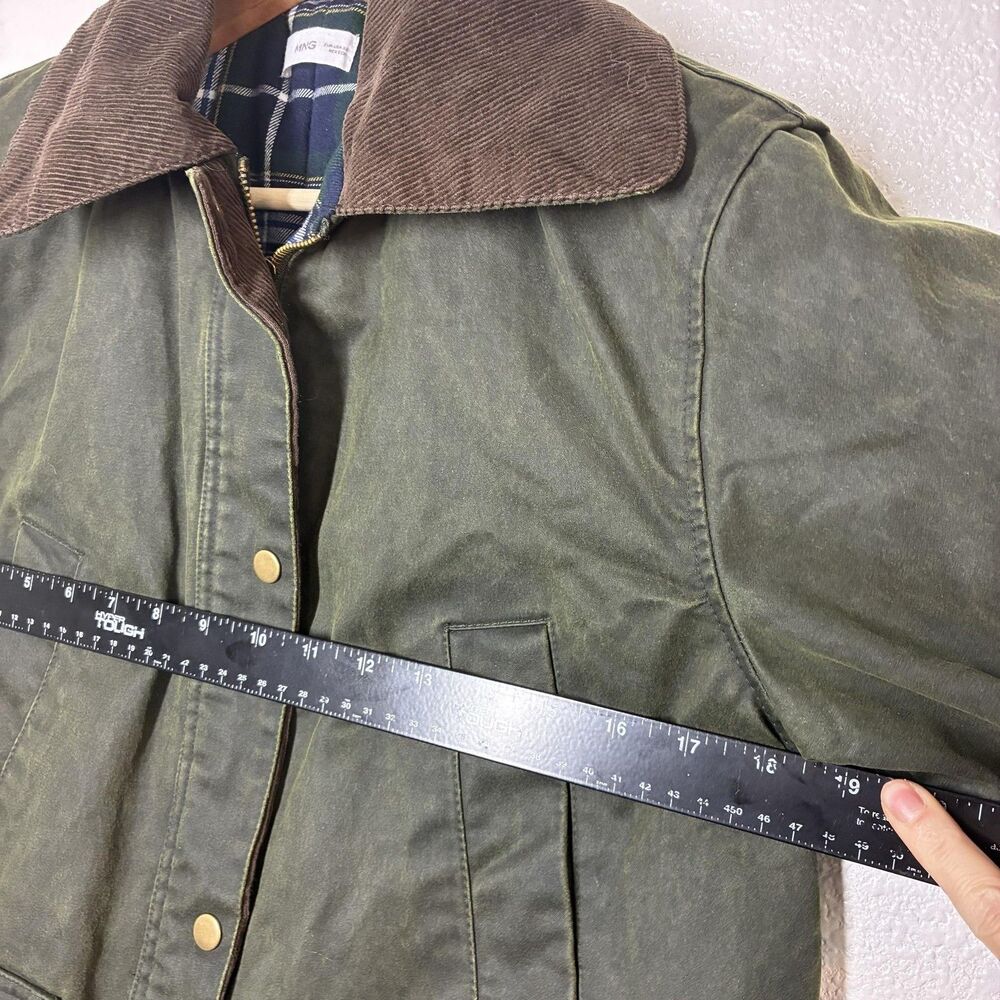 Mango Waxed Effect Barn Jacket Womens XS Green Corduroy Collar Plaid Lined - Picture 9 of 16